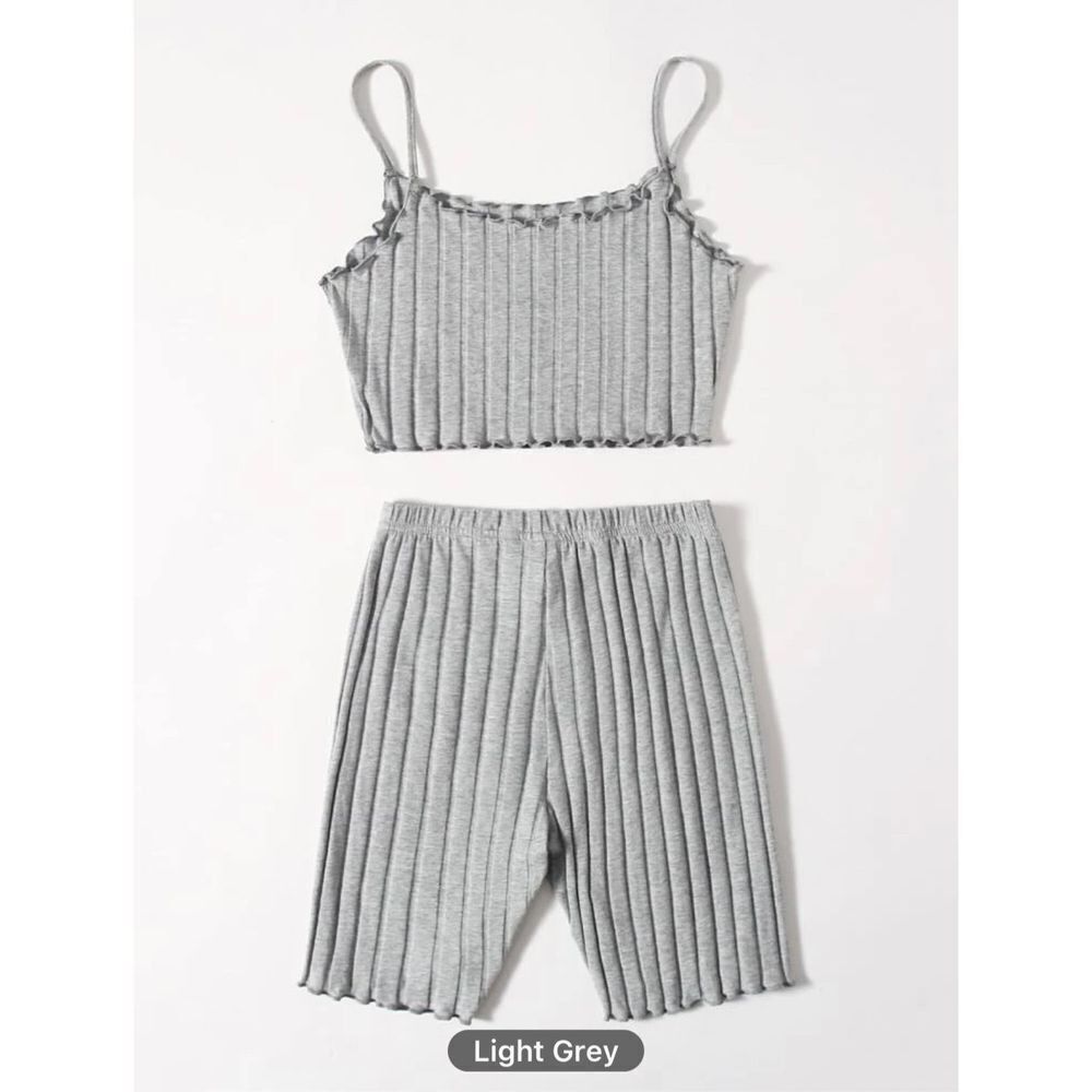 SHEIN EZwear Solid Lettuce Trim Waffle Knit Cami Top & Biker Shorts Set - Picture 2 of 4